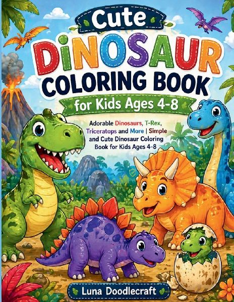 Cute Dinosaur Coloring Book for Kids Ages 4-8: Adorable Dinosaurs, T-Rex, Triceratops and More | Simple and Cute Dinosaur Coloring Book for Kids Ages 4-8
