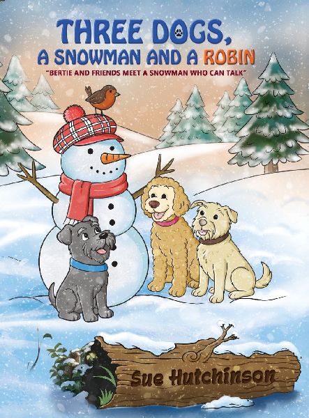 Three Dogs A Snowman and a Robin