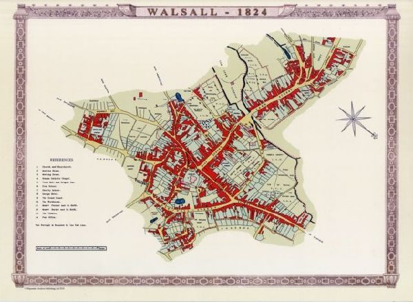 Walsall Town 1824 - Old Map Supplied Rolled in a Clear Two Part Screw Presentation Tube - Print Size 45cm x 32cm