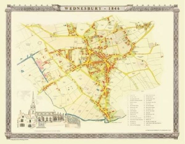 Old Map of Wednesbury 1846: Colour Town Plan of Wednesbury in the Black Country