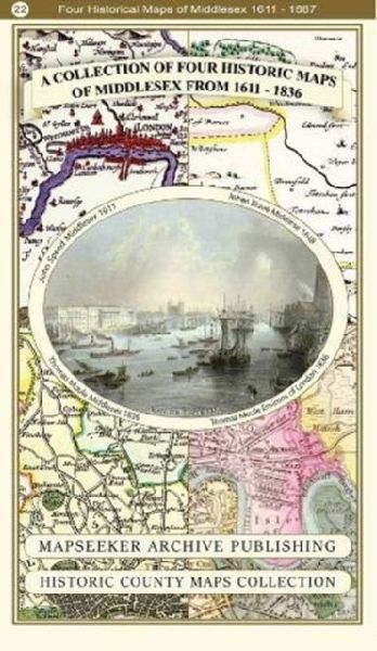 A Middlesex 1611 - 1836 - Fold Up Map that features a collection of Four Historic Maps, John Speeds County Map 1611, Johan Blaeus County Map of 1648, Thomas Moules County Map of 1836 and a Map of the Environs of London 1836.