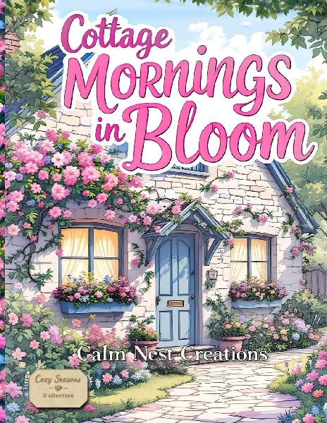 Cottage Mornings in Bloom: A Cozy Cottage Coloring Book for Adults Featuring Cottagecore Homes, Reading Nooks, and gentle spring Stress-Relief Living