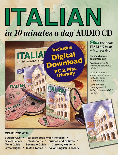 Italian in 10 Minutes a Day Book + Audio: Language Course for Beginning and Advanced Study. Includes Workbook, Flash Cards, Sticky Labels, Menu Guide, Software, Glossary, Phrase Guide, and Audio Cds. Grammar. Bilingual Books, Inc. (Publisher)