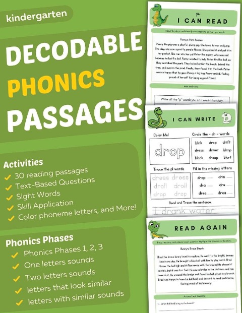 Title: Decodable Phonics Passages for Kindergarten: Improve Reading and Comprehension Skills for Kids, Decodable Texts and Dyslexia Activities with Phonics and Sounds Phases 1, 2, 3, Based on Orton Gillingham Approach-  Ages 5 -6 )