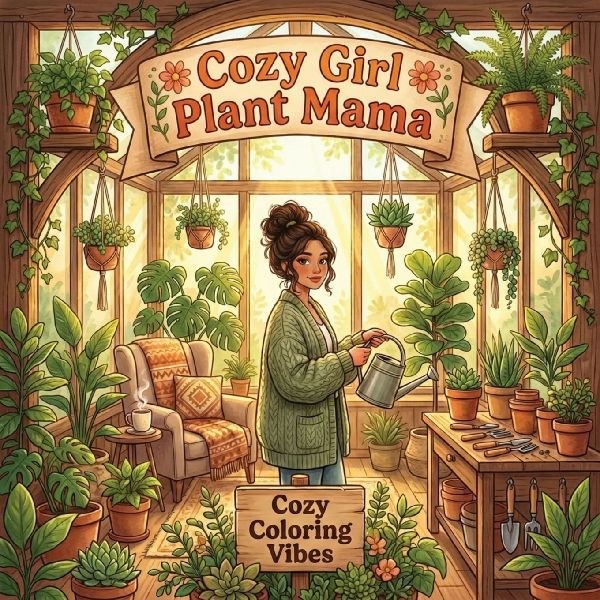 Cozy Girl Plant Mama: Hygge Botanical Greenhouse Cute & Fun Coloring Book | Easy Bold Line Designs of Potted Ferns, Terrariums, Watering Cans & Indoor Jungle Scenes | Stress Relief, Mindful Relaxation, Nature Therapy & Creative Gift for Adults & Teens
