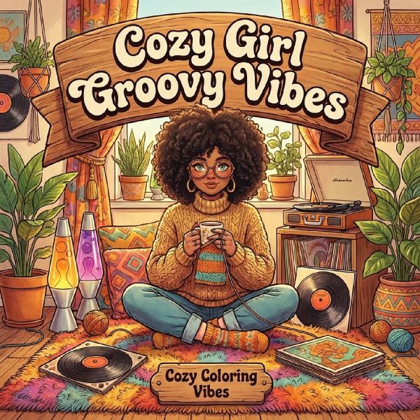 Cozy Girl Groovy Vibes: Cute & Fun Retro Aesthetic Hygge Coloring Book for Adults & Teens | Easy Bold Line Designs of Funky Outfits, Vintage Rooms, Music, Records & Chill Hangout Scenes | Stress Relief, Creative Therapy & Screen-Free Self-Care Gift