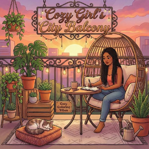 Cozy Girls City Balcony: Relaxing Hygge Cute & Fun Coloring Book for Adults & Teens | Easy Bold Line Designs of Urban Balcony Gardens, Apartment Plant Corners, City Skylines & Sunset Evenings | Stress Relief, Creative Therapy & Screen-Free Self-Care Gift