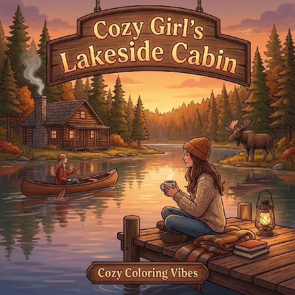 Cozy Girls Lakeside Cabin: Relaxing Hygge Cute Coloring Book for Adults & Teens | Fun Easy Bold Line Designs of Lakeside Retreats, Wooden Docks, Canoes, Campfires & Rustic Nature Scenes | Stress Relief, Creative Therapy & Screen-Free Self-Care Gift