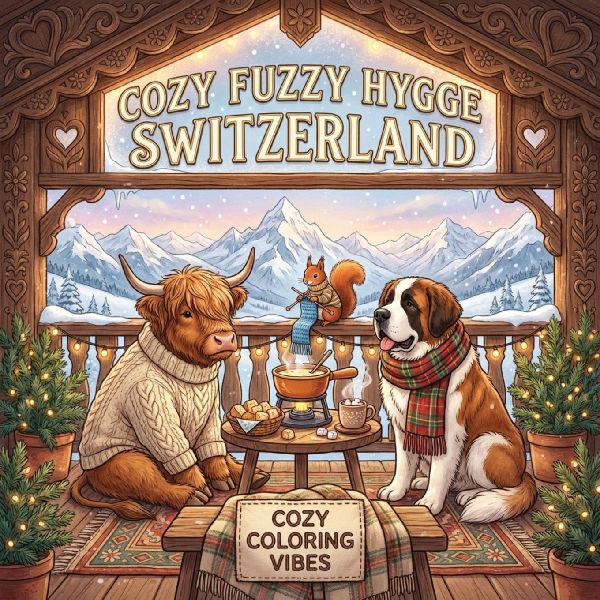 Cozy Fuzzy Hygge Switzerland: Easy Bold Line Design Animal Art Coloring Book | Winter Retreat, Mountain Cabins, Snowy Village & Swiss Cultural Travel Scenes | Fun Therapy Stress & Anxiety Relief, Mindfulness & Creative Gift for Adults, Women & Seniors