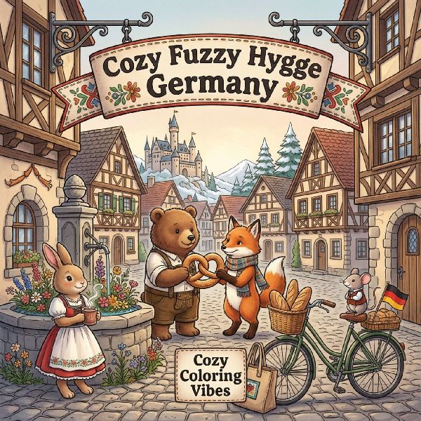 Cozy Fuzzy Hygge Germany: Fun Easy Bold Line Design Art Coloring Book | Bavarian Winter Markets, Cute Animal German Travel Storybook Scenes | Creative Screen-Free Wellness Gift for Women & Teens for Stress Relief, Meditation, & Mindfulness Therapy