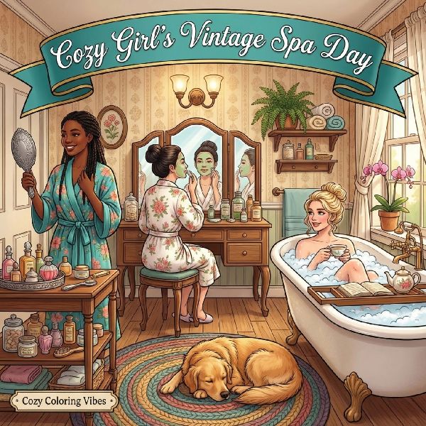 Cozy Girls Vintage Spa Day: Cute Fun Bold Line Designs Adult Coloring Book with Self-Care Rituals, Skincare Moments, Bath Time Relaxation & Comfort Aesthetic Scenes | Anxiety Relief, Mindfulness Activities & Creative Therapy Gift for Women & Teens