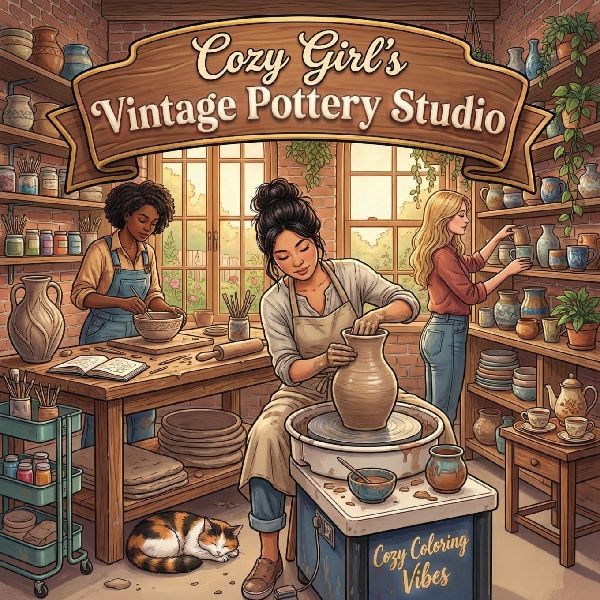 Cozy Girls Vintage Pottery Studio: Cute Fun Bold Line Coloring Book for Adults | Artistic Hobby Scenes, Relaxing Clay Crafting Moments, Peaceful Home Routine | Anxiety Relief, Mindfulness Homebody Activities & Creative Therapy Gift for Women & Teens