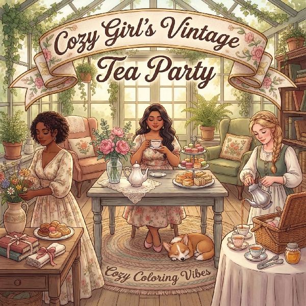 Cozy Girls Vintage Tea Party: Cute Fun Bold Line Coloring Book for Adults | Artistic Aesthetic Cottagecore Scenes, Relaxing Moments, Peaceful Hygge Ceramic Floral Designs | Anxiety Relief, Mindfulness Activities & Creative Therapy Gift for Women & Teens