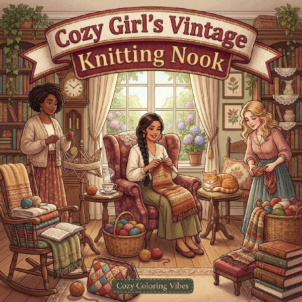 Cozy Girls Vintage Knitting Nook: Fun Bold Line Adult Coloring Book | Aesthetic Hobby Scenes, Relaxing Daily Moments, Peaceful Hygge Stitching Designs | Anxiety Relief, Mindfulness Craft Activities & Creative Art Therapy Gift for Seniors, Women & Teens