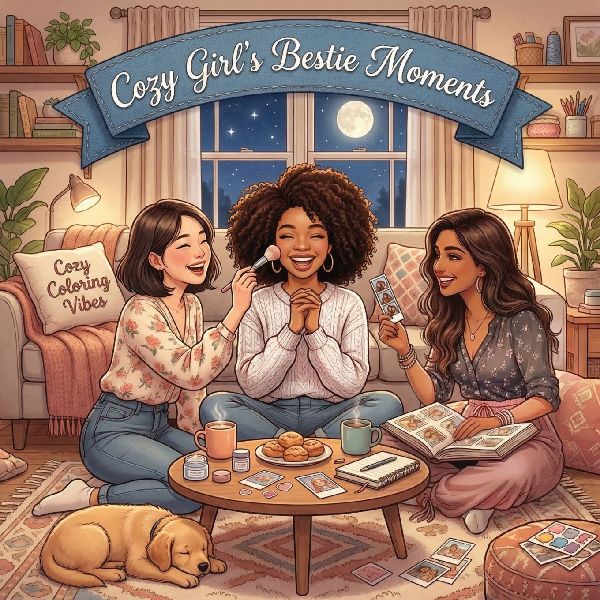 Cozy Girls Bestie Moments: Fun Bold Line Nostalgic Eras Adult Comfy Coloring Book | Timeless Vintage Aesthetic Hygge Moments & Cute Calming Lifestyle Scenes | Anxiety Relief, Mindfulness Activities & Relaxing Creative Therapy Gift for Women & Teens