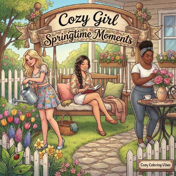 Cozy Girl Springtime Moments: Cute & Fun Relaxing Bold Line Adult Activity Coloring Book | Aesthetic Comfy Hygge Scenes, Floral Meadow Walks, Peaceful Garden Retreats | Anxiety Relief, Mindfulness & Creative Haven Art Therapy Gift for Women & Teens