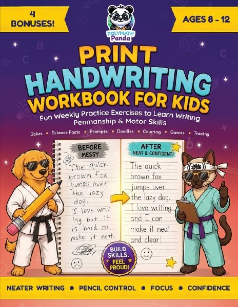Print Handwriting Workbook for Kids 8-12: Fun Weekly Practice Exercises to Learn Writing, Penmanship & Motor Skills with Jokes, Science Facts & Prompts | Cute Doodles, Coloring, Games & Tracing Activity Pages | Homeschool, Classroom, After-School & Summer