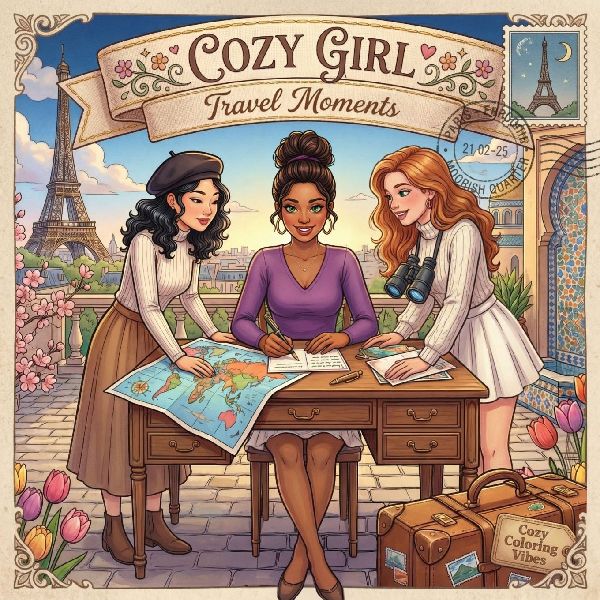 Cozy Girl Travel Moments: Relaxing Adult Activity Coloring Book | Aesthetic Comfy Hygge World Destinations, Vintage Souvenir Scenes, Nostalgic Vacation Moments | Anxiety Relief, Mindfulness & Creative Haven Art Therapy Gift for Seniors, Women & Teens