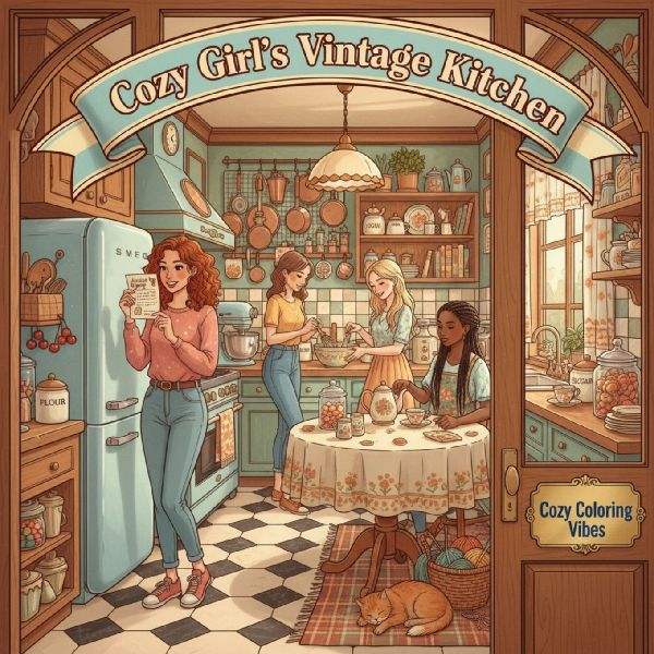Cozy Girls Vintage Kitchen: A Nostalgic Recipe & Cooking Coloring Book | Fun Easy Bold Lines Vintage Kitchen Scenes & Classic Home Moments | Daily Relaxation Activities for Stress Relief, Mindfulness & Creative Therapy for Adults & Teens