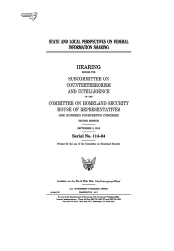 State and Local Perspectives on Federal Information Sharing Hearing Before the Subcommittee on Counterterrorism and Intelligence of the Committee on Homeland Security