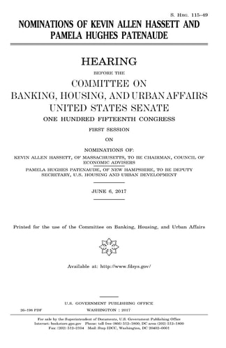 Nominations of Kevin Allen Hassett and Pamela Hughes Patenaude