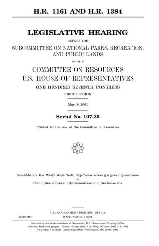 H.R. 1161 and H.R. 1384 Legislative Hearing Before the Subcommittee on National Parks, Recreation, and Public Lands of the Committee on Resources, U.S. House of Representatives, One Hundred Seventh Congress, First Session, May 8, 2001.
