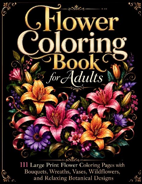 Flower Coloring Book for Adults: 111 Large Print Flower Coloring Pages with Bouquets, Wreaths, Vases, Wildflowers, and Relaxing Botanical Designs