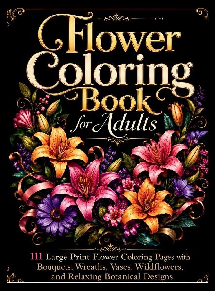 Flower Coloring Book for Adults: 111 Large Print Flower Coloring Pages with Bouquets, Wreaths, Vases, Wildflowers, and Relaxing Botanical Designs