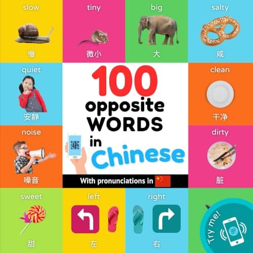 100 Opposite Words in Chinese Bilingual Picture Book for Kids: English / Chinese with Pronunciations
