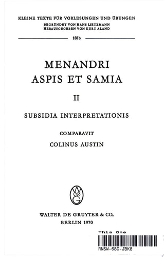 Menandri Aspis et Samia II Subsidia Interpretationis