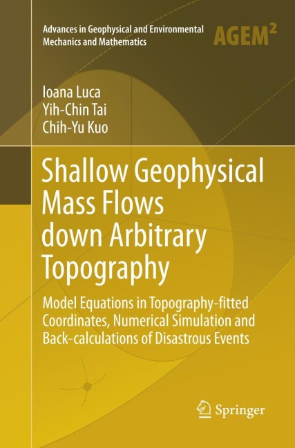 Shallow Geophysical Mass Flows down Arbitrary Topography: Model Equations in Topography-fitted Coordinates, Numerical Simulation and Back-calculations of Disastrous Events