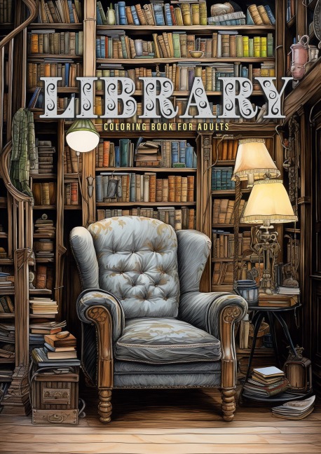 Library Coloring Book for Adults: Interior Coloring Book | Room Design Coloring | furniture Coloring Book | books bookshelf coloring book A4