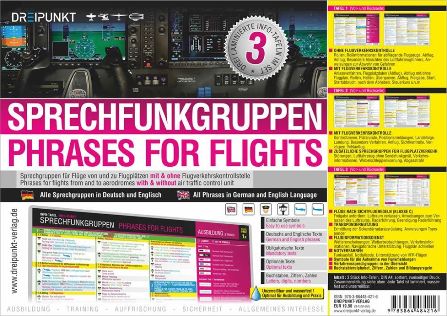 Sprechfunkgruppen - Phrases for Flights: Sprechgruppen für Flüge von und zu Flugplätzen mit und ohne Flugverkehrskontrolle (3-Tafel-Set) Deutsch & Englisch