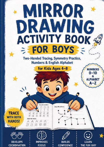 Mirror Drawing Activity Book for Boys: Two-Handed Tracing, Symmetry Practice, Numbers & English Alphabet for Kids Ages 4-8