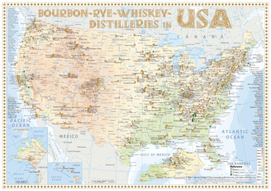Bourbon-Rye-Whiskey Distilleries in USA - Tasting Map 34x24cm: The Whiskylandscape in Overview - Maßstab 1 : 5.000.000