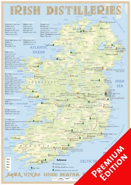 Whiskey Distilleries Ireland - Poster 42x60cm - Premium Edition: The Whiskylandscape in Overview - Maßstab 1 : 925.000