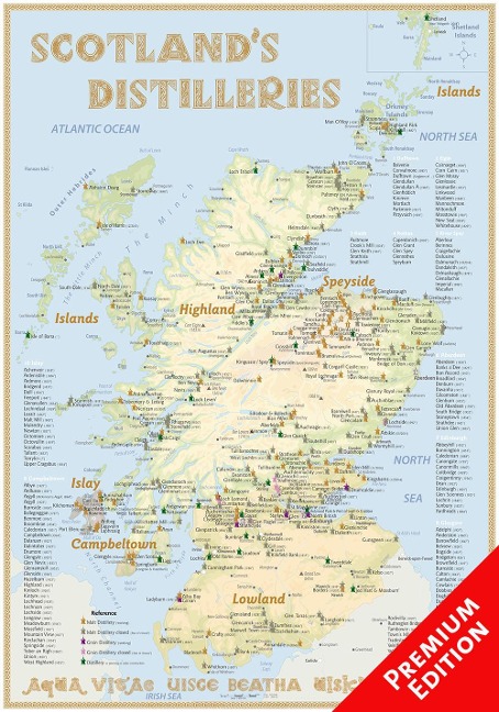 Whisky Distilleries Scotland - Poster 70x100cm Premium Edition: The Scottish Whisky Landscape in Overview 1 : 600 000