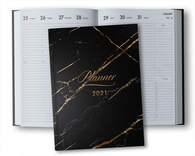 Planner 2021 Vertical Weekly Monthly 12 Month Hardcover Weekly Monthly Yearly Planner 2021 8.5" X 11" January - December 2021 2 Pages Per Week Vertical Layout 1 Column Per Day Hourly Increments Appointment Book 2021 Black Marble