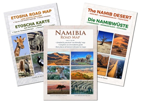 Das komplette Kartenset NAMIBIA (3-teilig): Detaillierte NAMIBIA Straßenkarte + ETOSCHA Karte (mit Fotogalerie der Wildtiere) + Karte der NAMIBWÜSTE (mit Fotos & Fotopunkten der schönsten Orte) - Praktische A4 Hefte, übersichtlich, zuverlässig & ideal für
