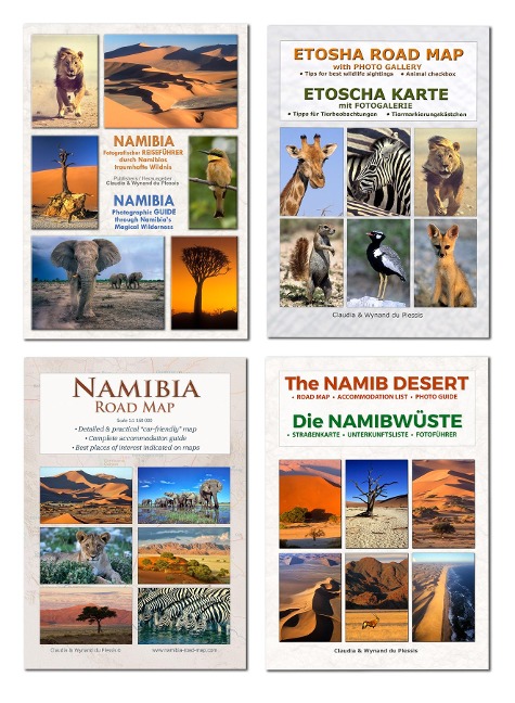 Das komplette Kartenset NAMIBIA Plus (4-teilig): Detaillierte NAMIBIA Straßenkarte + ETOSCHA Karte (mit Fotogalerie der Wildtiere) + Karte der NAMIBWÜSTE (mit Fotos & Fotopunkten der schönsten Orte) + Fotografischer Reiseführer NAMIBIA - Praktische A4 Hef
