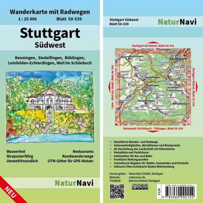 Stuttgart Südwest 1 : 25 000: Wanderkarte mit Radwegen, Blatt 50-539, 1 : 25 000, Renningen, Sindelfingen, Böblingen, Leinfelden-Echterdingen, Weil im Schönbuch