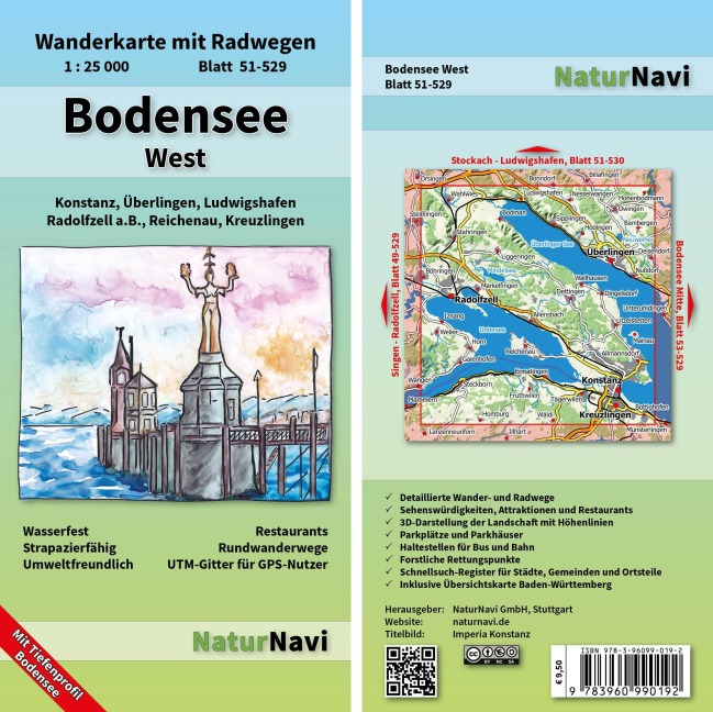 Bodensee West: Wanderkarte mit Radwegen, Blatt 51-529, 1 : 25 000, Konstanz, Überlingen, Ludwigshafen, Radolfzell a.B., Reichenau, Kreuzlingen
