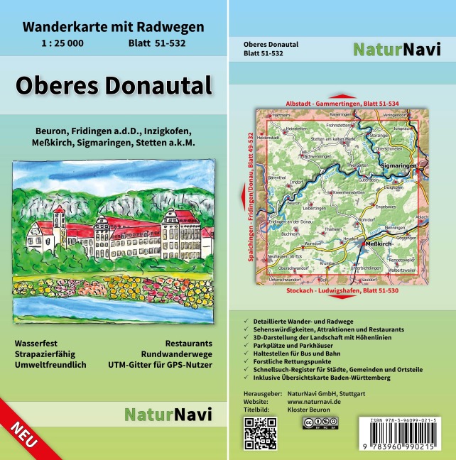 Oberes Donautal 1 : 25 000 Blatt 51-532: Wanderkarte mit Radwegen. Beuron, Fridingen a.d.D., Inzigkofen, Meßkirch, Sigmaringen, Stetten a.k.M. - Restaurants, Rundwanderwege, UTM - Gitter für GPS-Nutzer