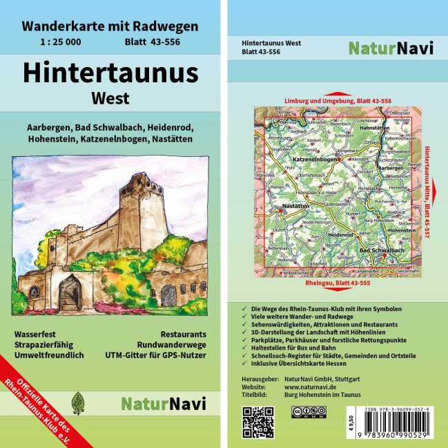 Hintertaunus West 1 : 25 000, Blatt 43-556: Wanderkarte mit Radwegen, Aarbergen, Bad Schwalbach, Heidenrod, Hohenstein, Katzenelnbogen, Nastätten