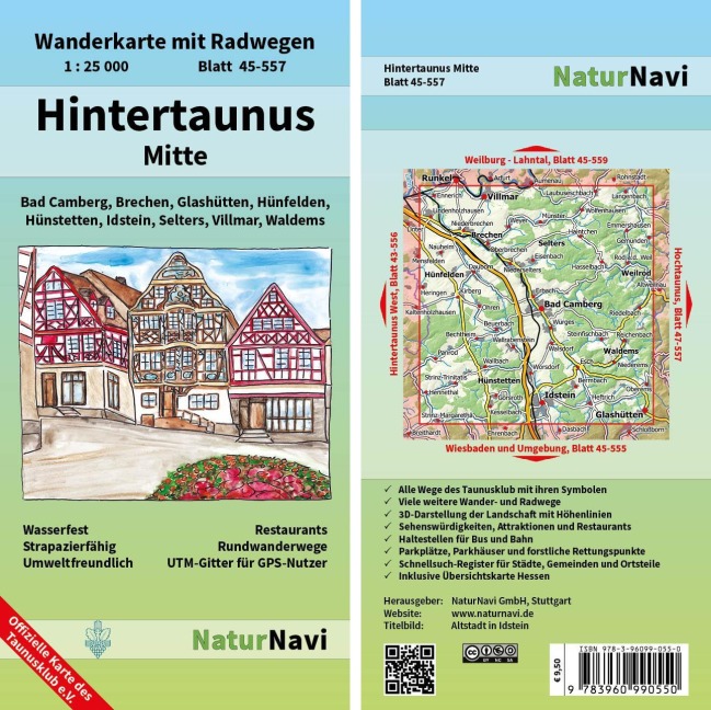 Hintertaunus Mitte 1 : 25 000, Blatt 45-557: Wanderkarte mit Radwegen, Bad Camberg, Brechen, Glashütten, Hünfelden, Hünstetten, Idstein, Selters, Villmar, Waldems