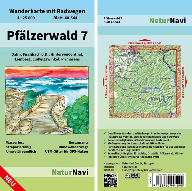 Pfälzerwald 7. Blatt 40-544, 1 : 25 000: Wanderkarte mit Radwegen. Dahn, Fischbach b.D., Hinterweidenthal, Lemberg, Ludwigswinkel, Pirmasens