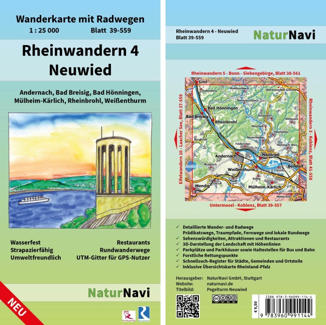Rheinwandern 4 - Neuwied 1:25 000: Wanderkarte mit Radwegen, Blatt 39-559, 1 : 25 000, Andernach, Bad Breisig, Bad Hönningen, Mülheim-Kärlich, Rheinbrohl, Weißenthurm