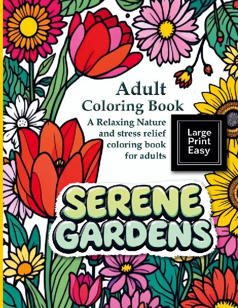 SERENE GARDENS: Adult Coloring Book Large Print Easy: A Relaxing Nature and stress relief coloring book for adults: A bold and easy coloring book for seniors and Beginners to Relax and Unwind