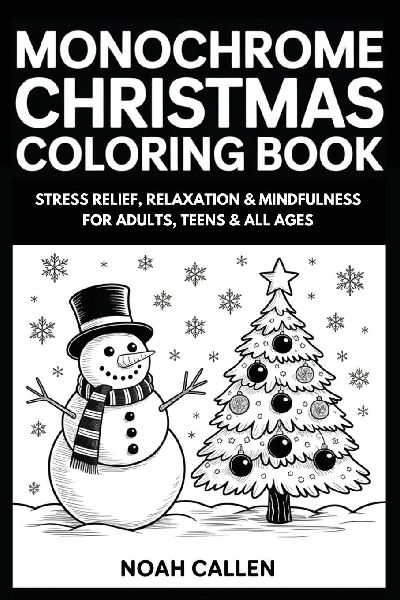 MONOCHROME CHRISTMAS COLORING BOOK: Stress Relief, Relaxation & Mindfulness for Adults, Teens & All Ages with Christmas Designs, Snowy Holiday Art to Color with One Black Pen (One Pen, One Color Book)