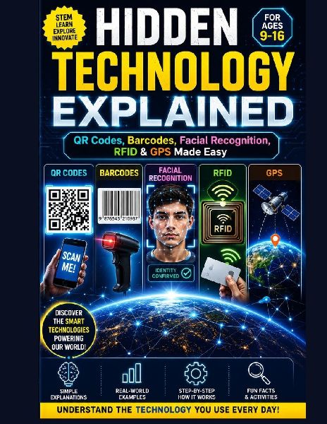 Hidden Technology Explained: QR Codes, Barcodes, Facial Recognition, RFID & GPS Made Easy, young readers ages 9-16 will explore the fascinating science behind the systems we use every day in a fun, simple, and visually exciting way.